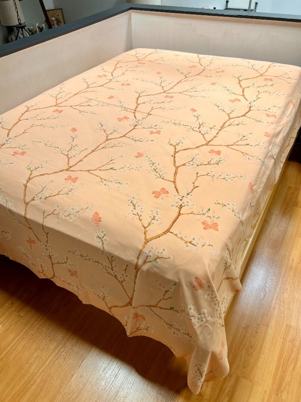 Vintage 70s Peach Cherry Blossoms Flat Sheet Full Size